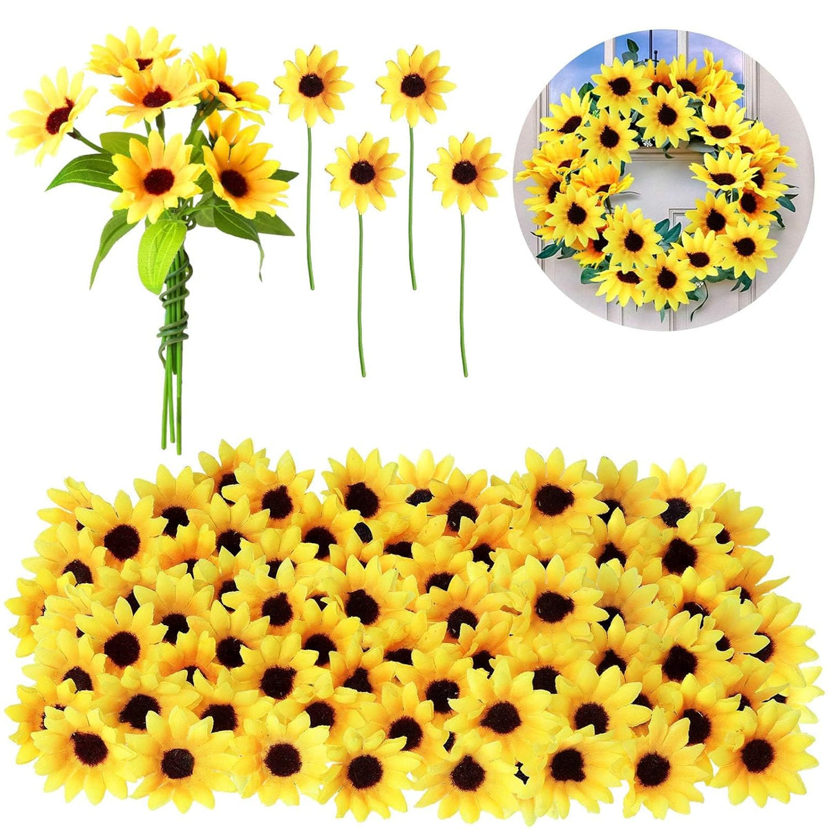 50 Pcs Mini Artificial Sunflower Heads With Iron Stems For Home Party Decoration Wedding Decor, Bride Holding Flowers Centerpieces Wreath Garden Diy Art Decor Crafts(1.57 Inch)