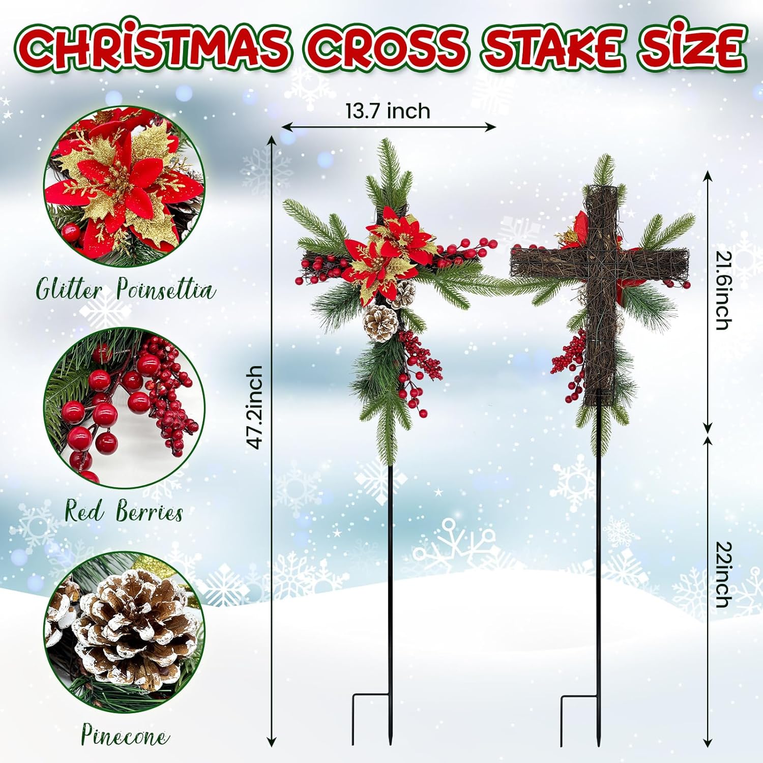 Christmas Cemetery Decorations For Grave 2 Pack Glitter Cemetery Flowers Cross Memorial Poinsettia Cross Stake Christmas Headstone Decor