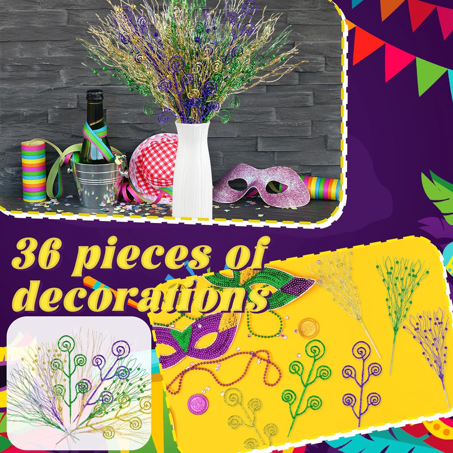 36 Pcs Mardi Gras Decoration 15.8 Inch Mardi Gras Tree Picks Artificial Glitter Purple Green Gold Berry Stems Ornaments For Carnival Party Home Decoration