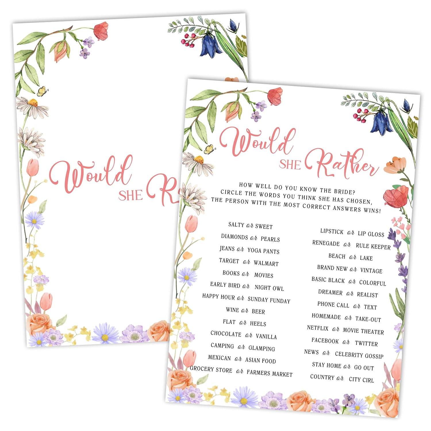 Bridal Shower Games, Wildflowers Wedding Games Card, Bridal Shower Bachelorette Engagement Party Ideas Supplies Decorations, Hilarious Would She Rather Game Cards For Guest, 25 Pack -03