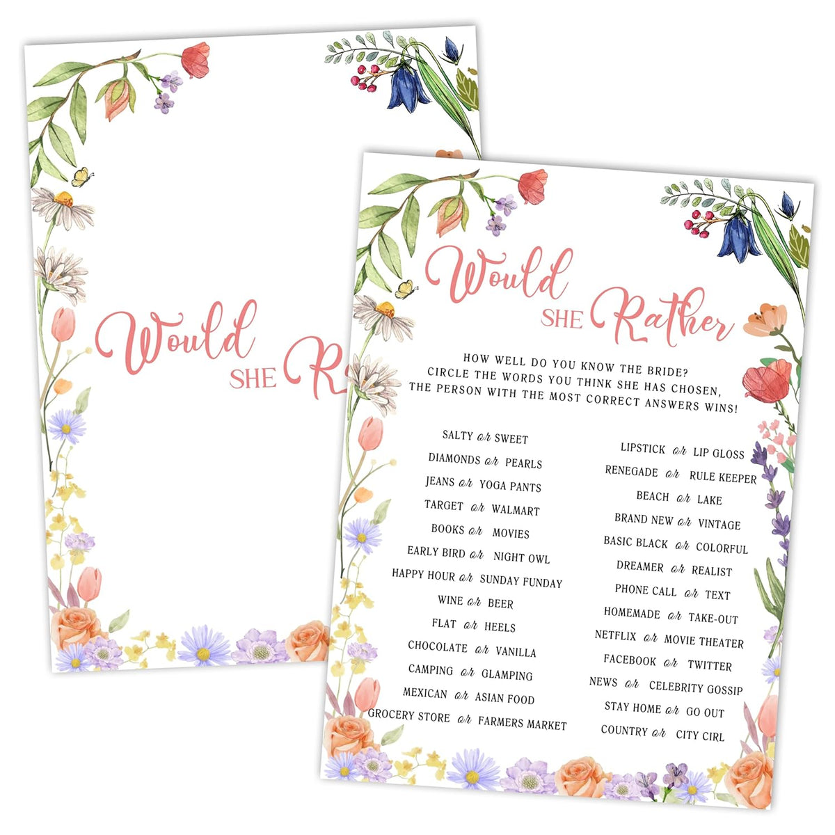 Bridal Shower Games, Wildflowers Wedding Games Card, Bridal Shower Bachelorette Engagement Party Ideas Supplies Decorations, Hilarious Would She Rather Game Cards For Guest, 25 Pack -03