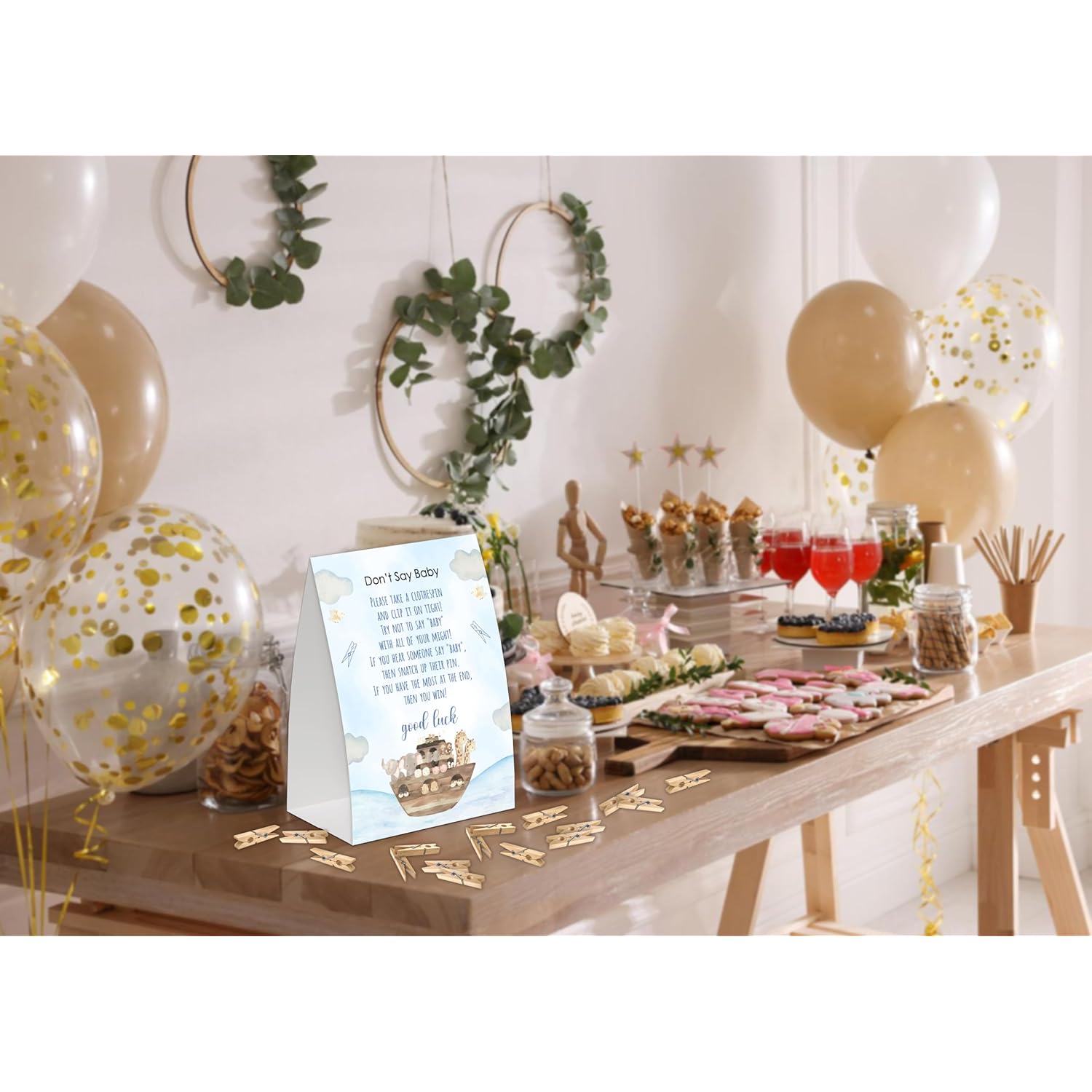 Noah'S Ark Don'T Say Baby Game For Baby Shower, Pack Of One 5X7 Sign And 50 Mini Natural Clothespins, Boho Animals Baby Shower Decoration, Gender Neutral Party Supplies - Sc32