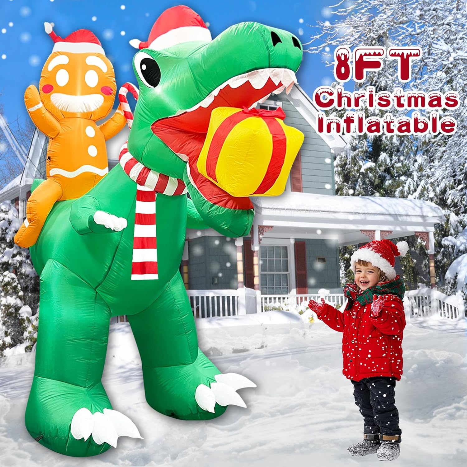 8 Ft Christmas Inflatable Gingerbread Man Ride On Dinosaur With Gift Box Outdoor Decoration Built-In Led Lights, Blow Up