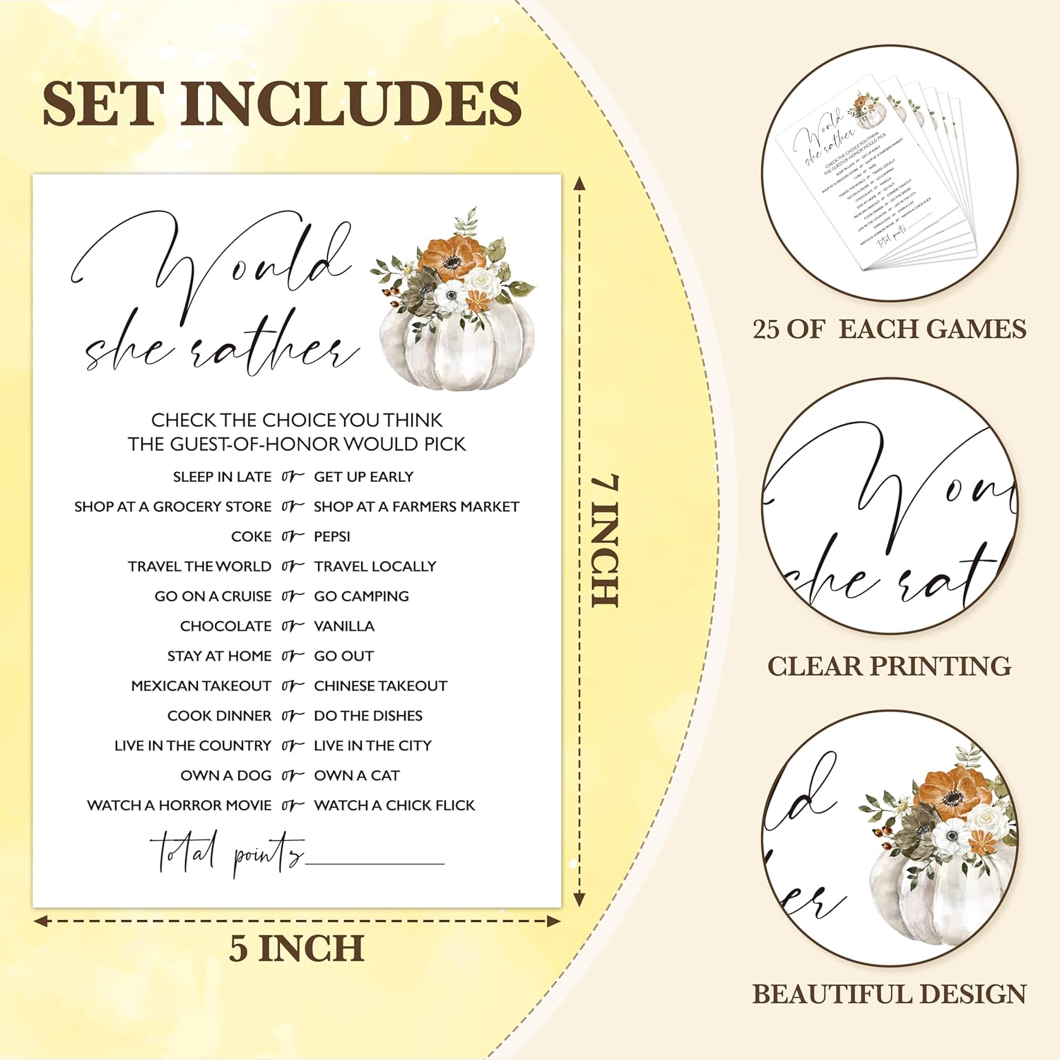 Fall Bridal Shower Games, Would She Rather Themed Bachelorette Party Game, Fall Festival Games Cards With Pumpkin Design, Boho Wedding Shower Games, Thanksgiving Party Supplies -01