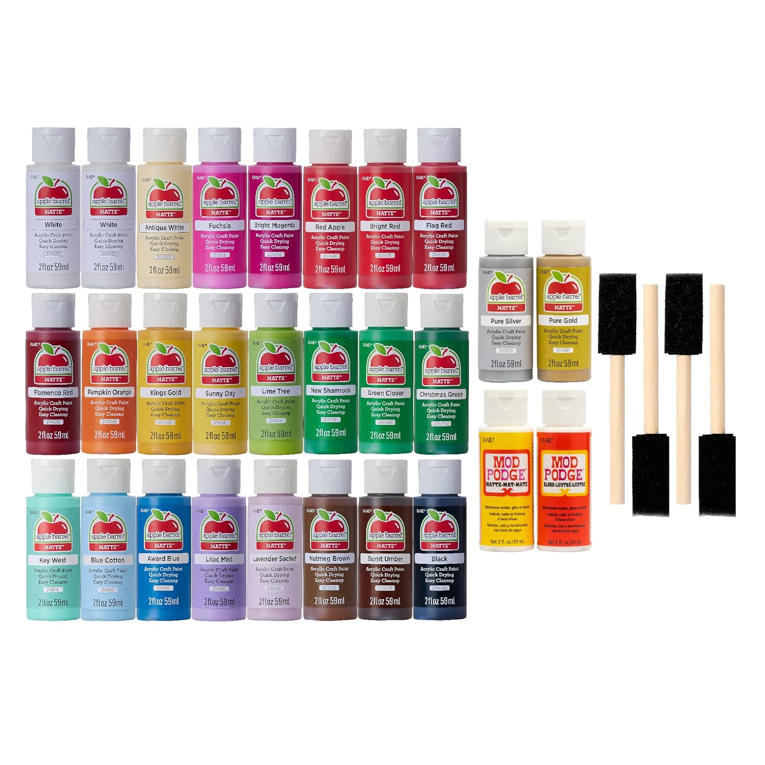 Apple Barrel PROMOABMP22 Holiday Paint Set, 32 Piece DIY Acrylic Paint Set Featuring 26 Apple Barrel Paints, 2 Mod Podge Acrylic Sealers and 4 Foam Brushes