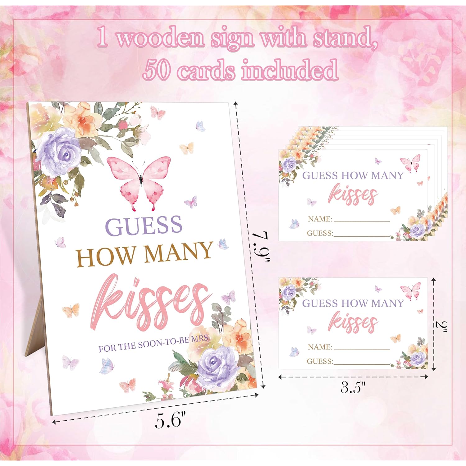 Guess How Many Kisses Bridal Shower Game, 5X8 Blush Pink Purple Butterfly Sign & 50 Cards, Wedding Decor, Wedding Shower Games For Bridal Shower, Engagement Party, Bachelorette Party Night,1