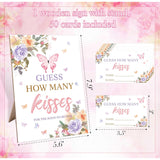Guess How Many Kisses Bridal Shower Game, 5X8 Blush Pink Purple Butterfly Sign & 50 Cards, Wedding Decor, Wedding Shower Games For Bridal Shower, Engagement Party, Bachelorette Party Night,1