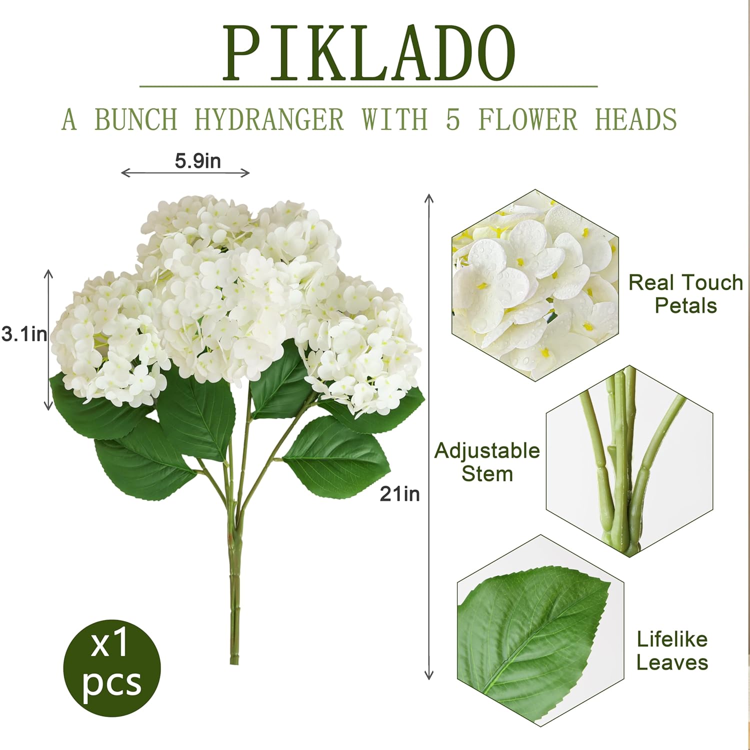 A Bunch 21In White Real Touch Hydrangea Artificial Flowers With 5Pcs Flower Head 10Pcs Leaves Faux Hydrangea Flowers For Home Office Decor Wedding Party Arrangements (1, White)