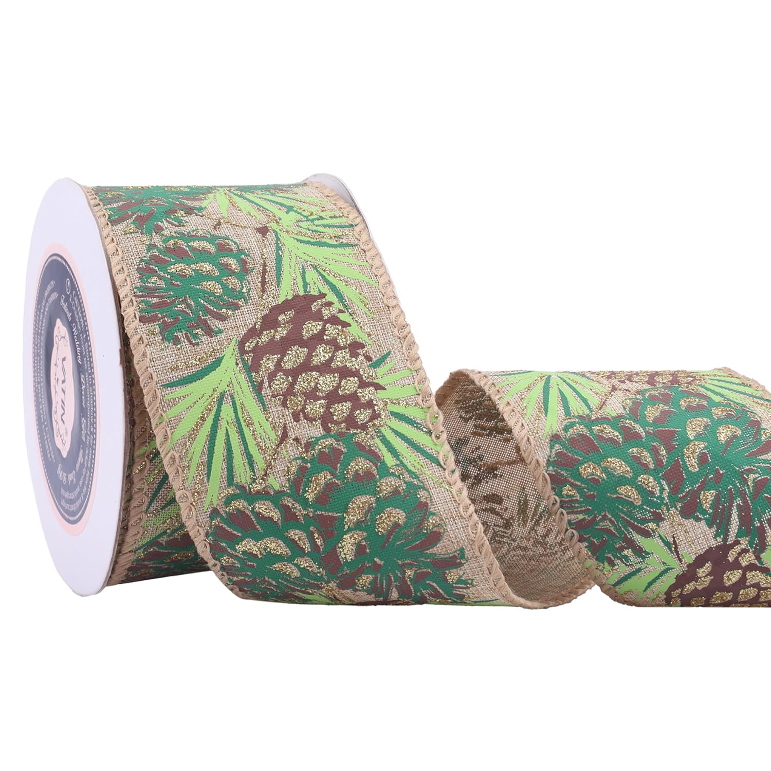 Pine Cones On Burlap Christmas Wired Ribbon, 2.5" X10 Yd Spool For Tree Topper, Wreath, Gifts & Decor