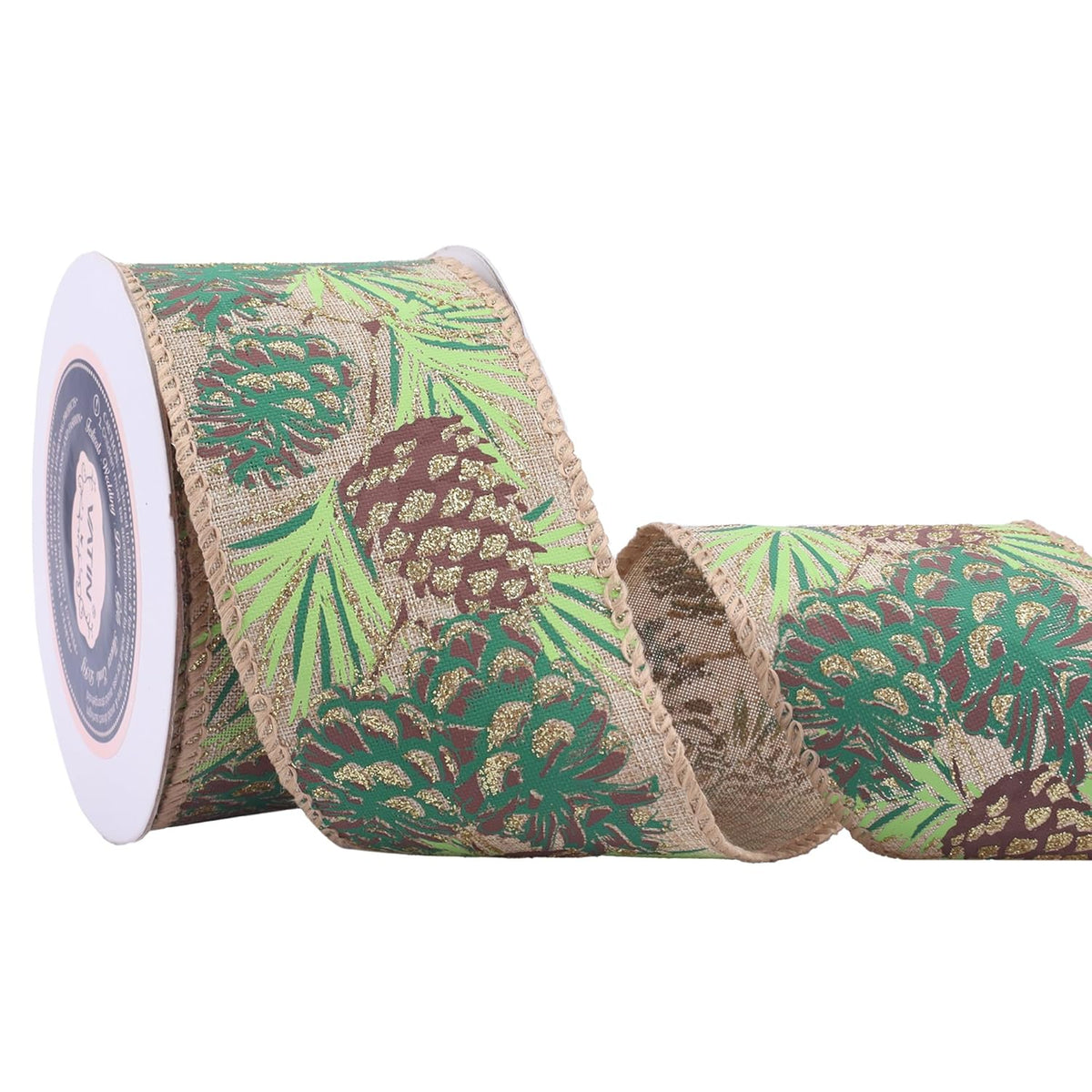 Pine Cones On Burlap Christmas Wired Ribbon, 2.5" X10 Yd Spool For Tree Topper, Wreath, Gifts & Decor