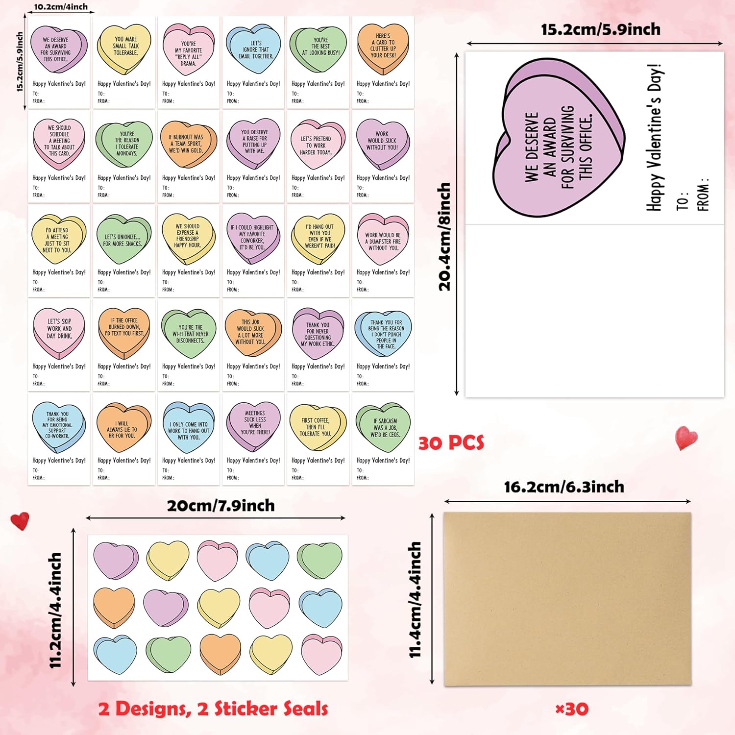 Funny Coworker Valentines Cards - 30 Set Humorous Valentine'S Day Conversation Hearts Greeting Cards Bulk Boxed With Envelopes Stickers, Holiday Notecard Gifts For Coworker Colleague Friends