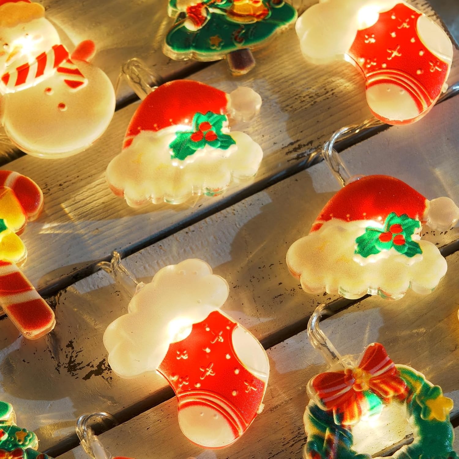 Christmas Fairy String Lights, 20 Led Xmas Warm White Lights Hanging Decors With Santa Claus Wreath Tree Snowman Candy C