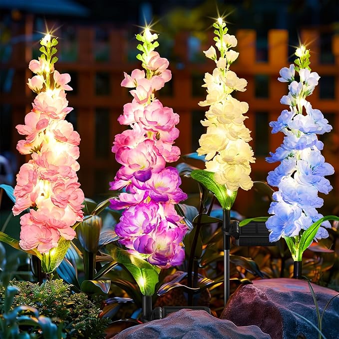 4 Pack Upgraded Delphinium Solar Garden Lights 36 LED Waterproof Outdoor Flower Decor