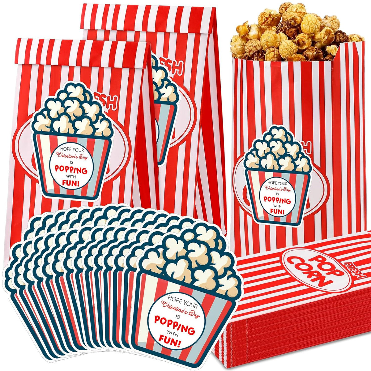 Set Of 30 Valentines Paper Popcorn Bags With Stickers, 11.8In Tall Large Capacity Popcorn Containers With Stickers For Valentine'S Day Gift Party Favors Movie Nights Decorations