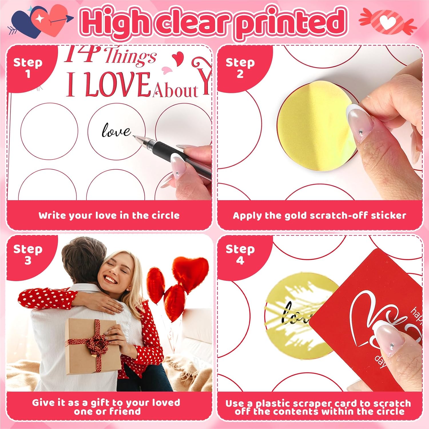 Diy Valentine'S Day 14 Things I Love About You Card For Husband Wife Boyfriend Girlfriend Her Him, 2 Sheets Personalized Valentines Scratch Off Cards Set, Date Night Game Gift Ideas (Red)