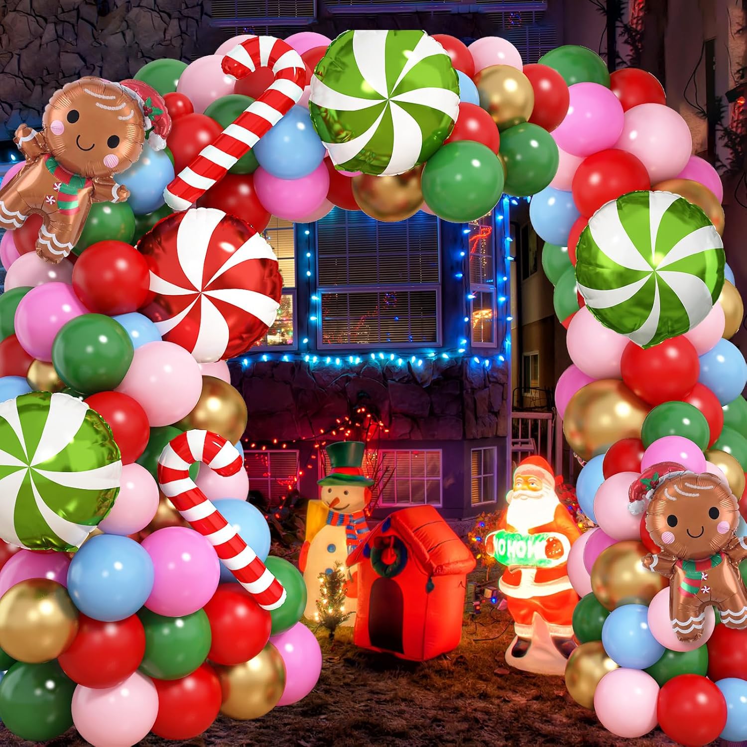 Christmas Balloons Garland Arch Kit 113Pcs Xmas Balloon Arch Pink Blue Red Green Gold With Gingerbread Man Candy Cane Foil Balloons For New Year Gender Reveal Gingerbread House Party Decorations