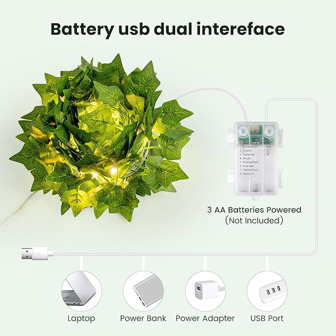 23FT Fake Ivy Vines with Lights 73 LED Artificial Greenery Garland Warm White Fairy Lights USB/Battery Operated for Bedroom Wall Balcony Wedding Decor
