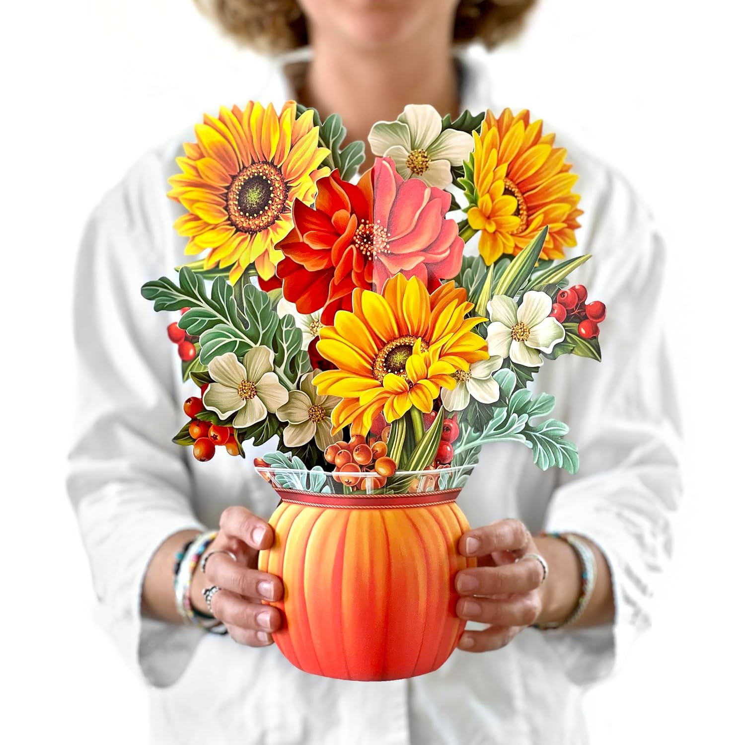 Pop Up Cards, Pumpkin Harvest, 12 Inch Life Sized Forever Flower Bouquet 3D Popup Greeting Card, Autumn Cards, Birthday Card, Blank Notecard & Envelope
