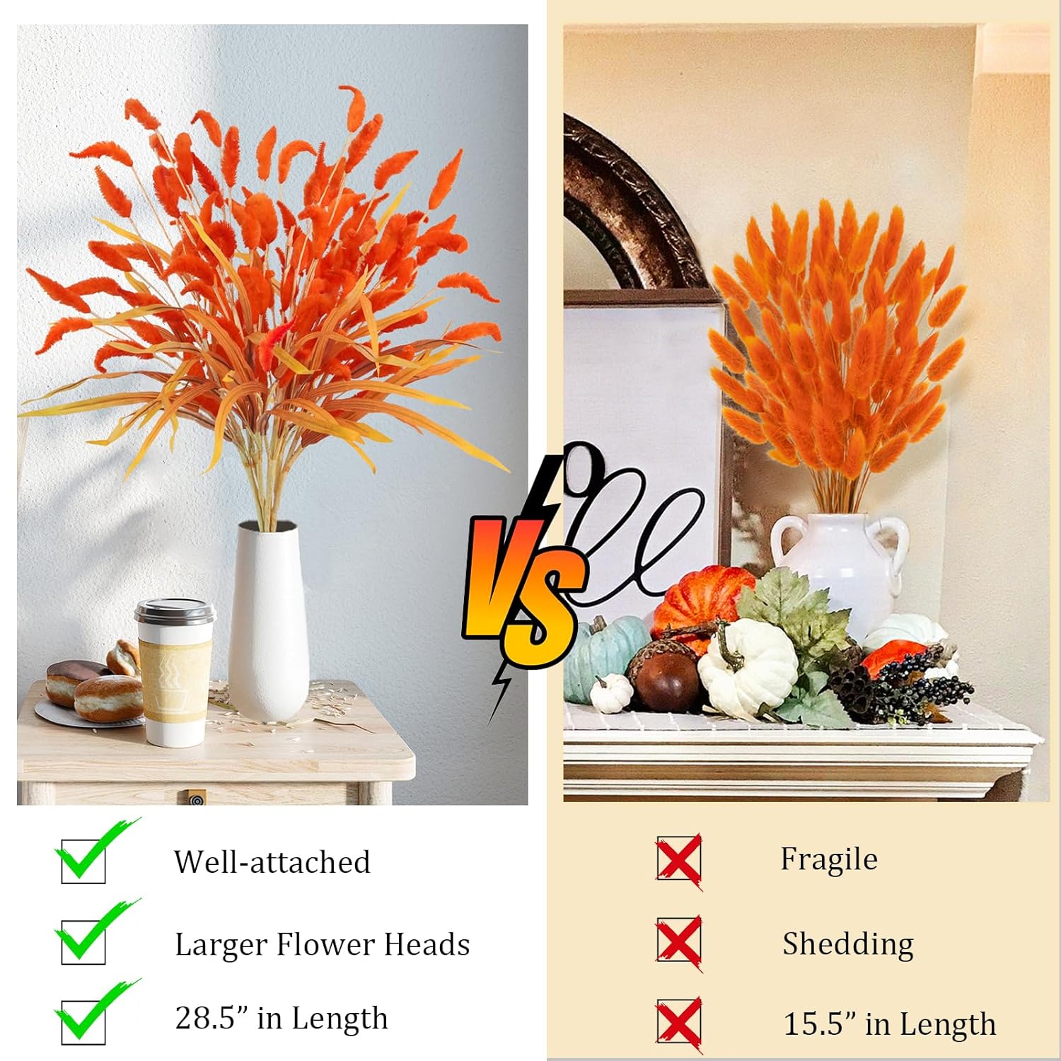 8Pcs Fake Fall Flowers Stems, 28Inch Artificial Orange Bunny Tail Flowers Faux Fall Floral Arrangements For Vase Home Wedding Centerpieces Fall Thanskgiving Decor