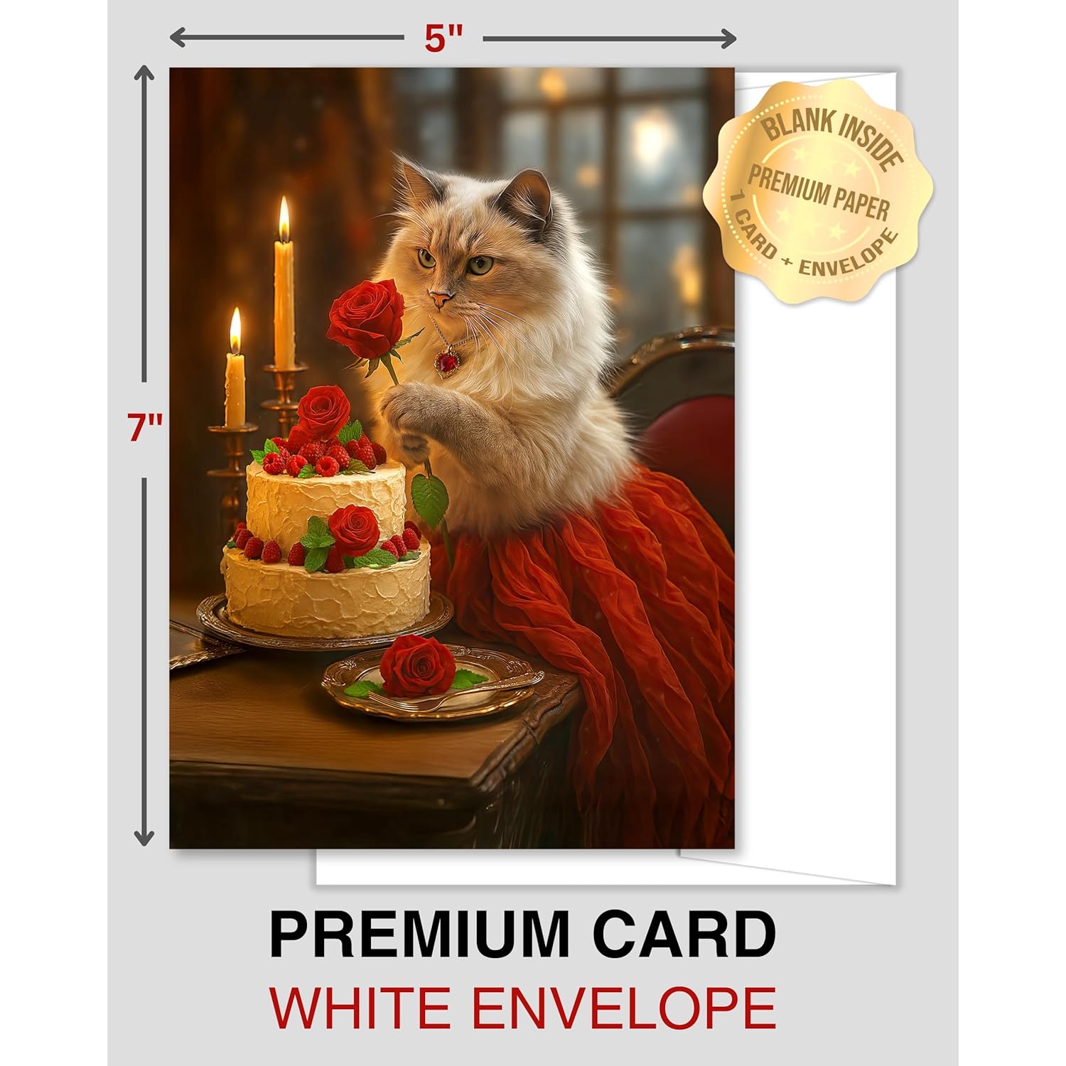 Ragdoll Cat With Cake And Red Rose Greeting Card – Blank Inside – Valentine’S Day, Birthday, Anniversary, Or Thinking Of You Card – Red Rose Collection By – 5X7 In, White Envelope, Made In Usa