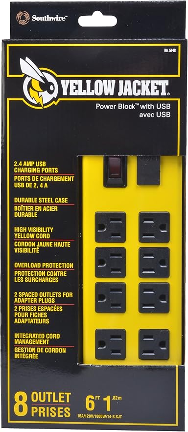 Heavy Duty Metal Power Strip 8 Outlets 2 USB Ports 6 Ft 14 Gauge Cord