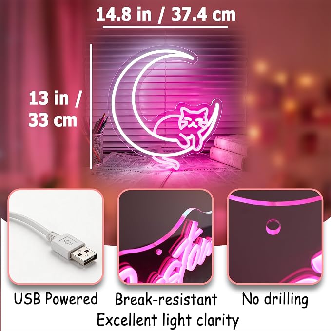 Moon Cat Neon Sign Pink White USB LED Wall Light for Bedroom Dimmable Room Decor