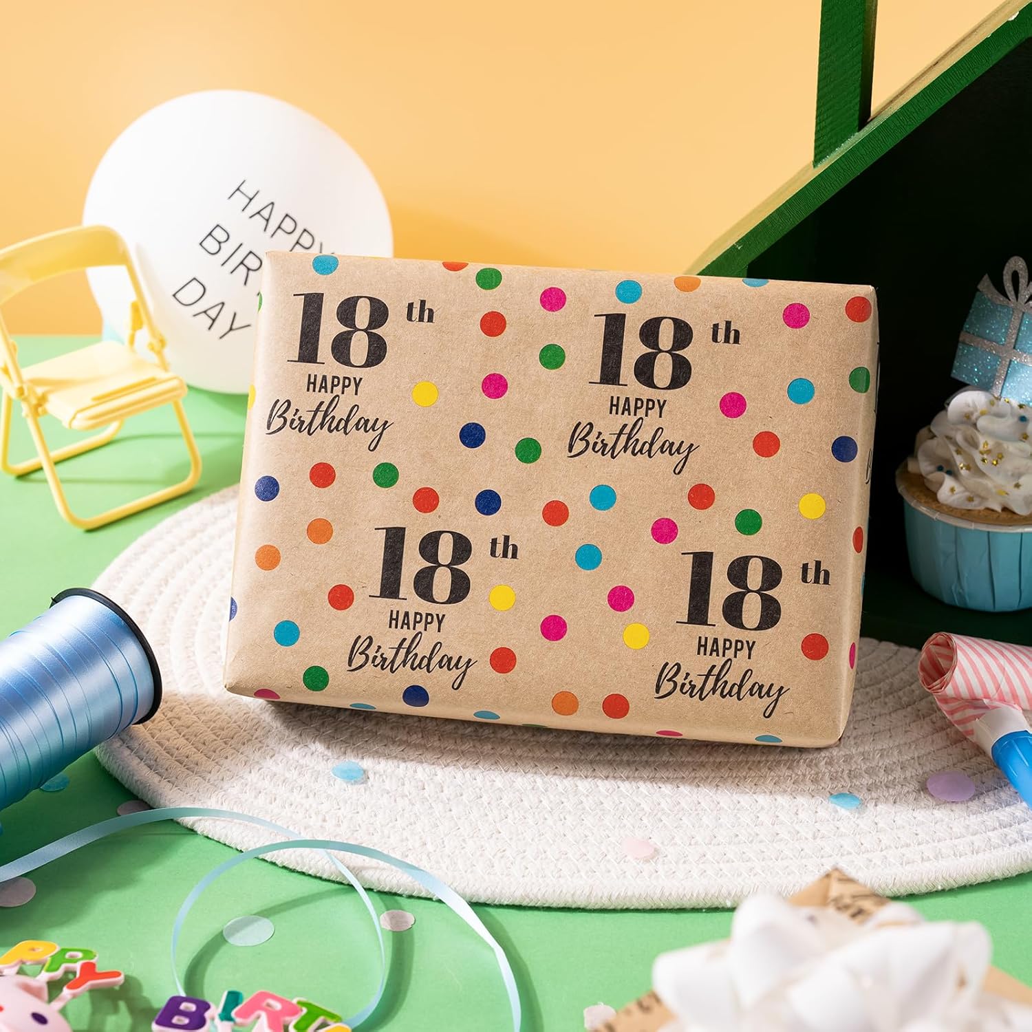 18Th Birthday Wrapping Paper For Girls And Boys - Mini Roll, 17 Inches X 16.4 Feet, Kraft Paper With Colorful Dots And Happy Birthday Design For 18 Years Old Party