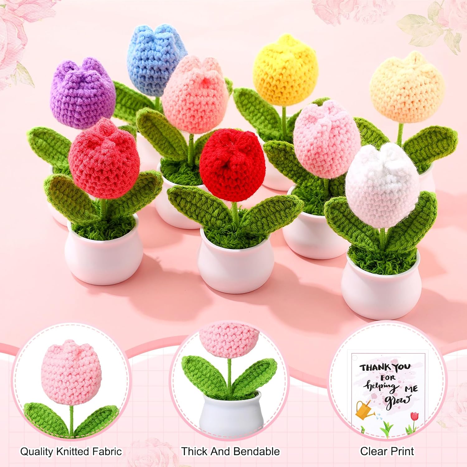 12 Sets Teacher Gifts Crochet Flowers With Thank You For Helping Me Grow Cards Appreciation Gifts For Teachers Coworkers Mentors Bosses Desk Decor(Tulip)