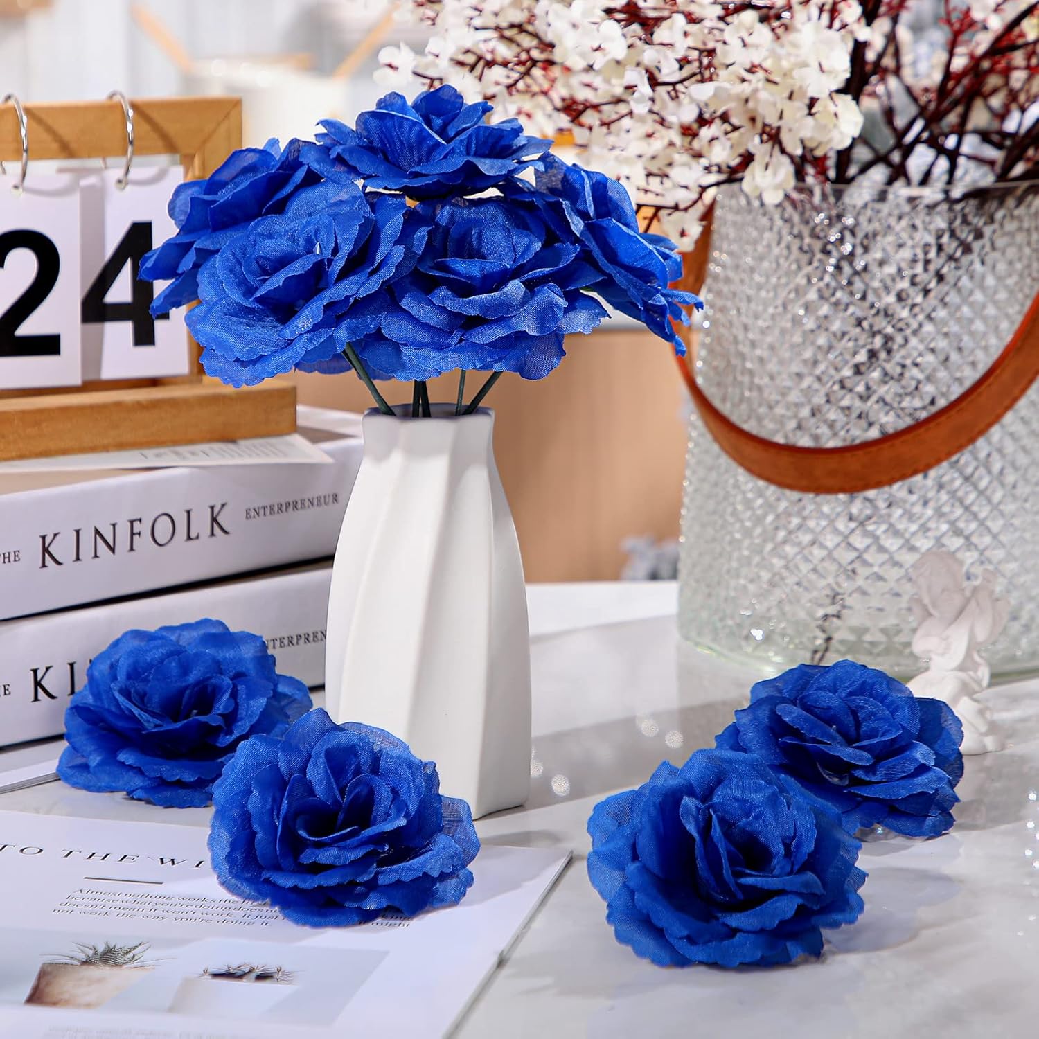 100 Pcs Artificial Flowers Fake Silk Roses Long Stem Rose Bouquet Wedding Party Home Decor For Diy Baby Shower Centerpieces Tables Home Decorations(Blue)