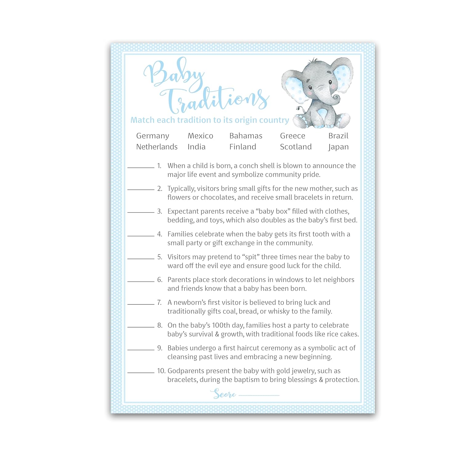 Blue Elephant Baby Shower Games — Baby Traditions Around The World Game — Pack Of 25 — Fun Facts Trivia, Little Peanut Boy Baby Shower Activity, Couples Shower Gender Reveal Party G501-Btw
