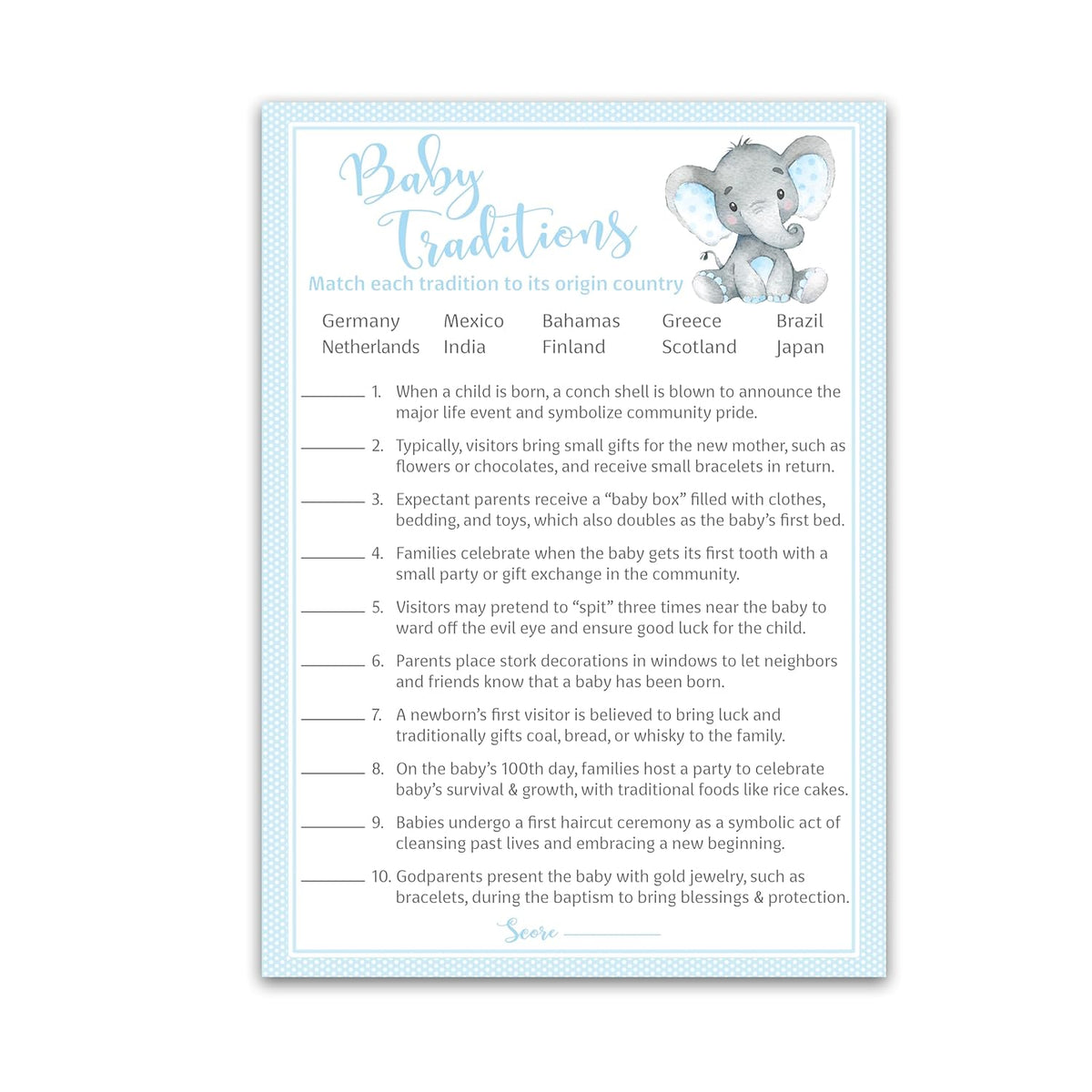 Blue Elephant Baby Shower Games — Baby Traditions Around The World Game — Pack Of 25 — Fun Facts Trivia, Little Peanut Boy Baby Shower Activity, Couples Shower Gender Reveal Party G501-Btw