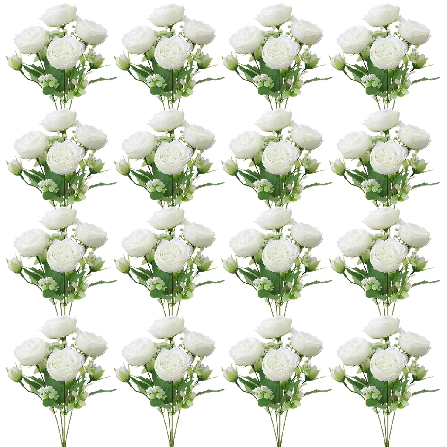 16 Pack White Peonies Artificial Flowers, Fake Silk Hydrangea Bouquet For Bridal Wedding Home Table Decor Reusable Dining Opening Ceremony Birthday Arrangement Faux Floral