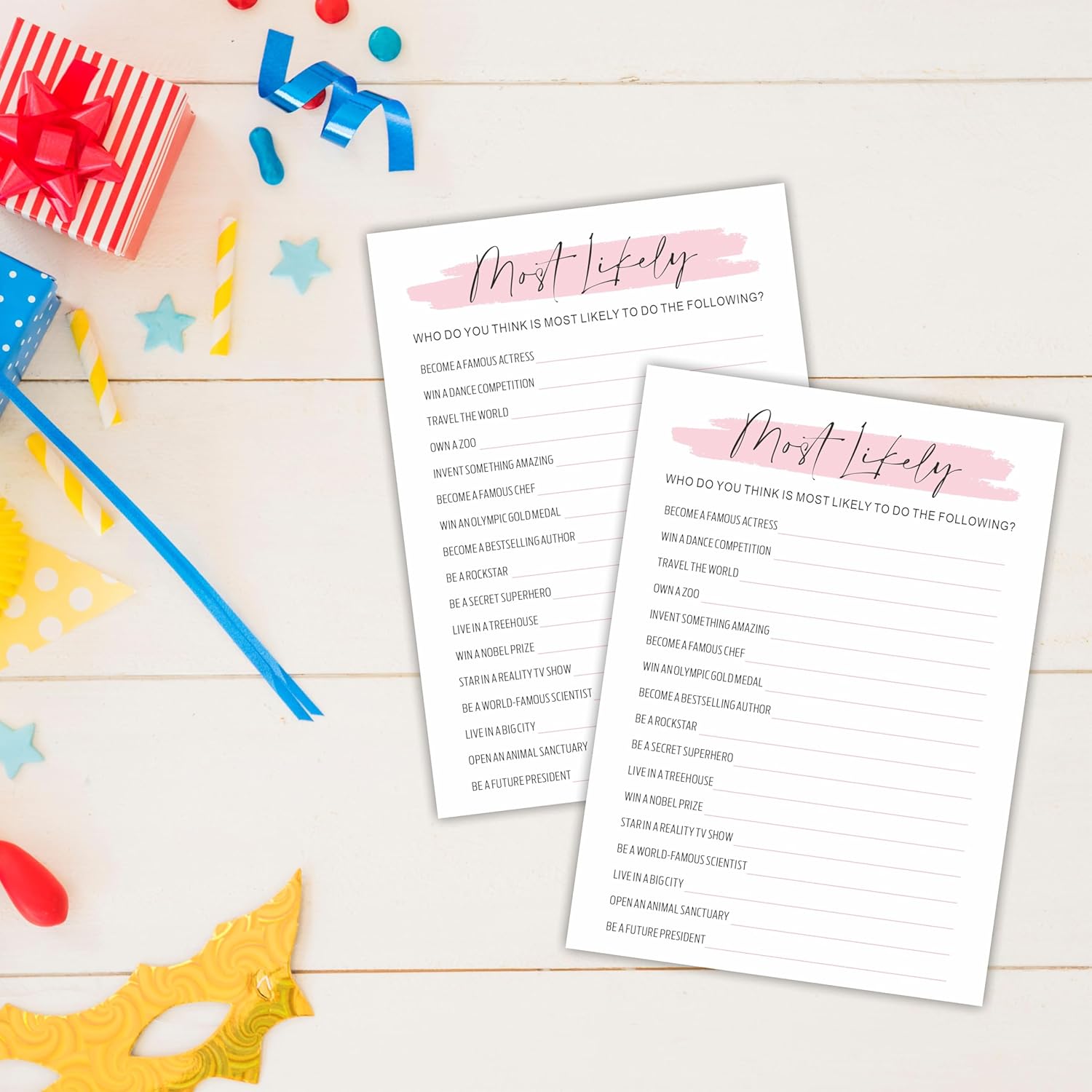 Minimalism Birthday Party Game Cards - Most Likely - 20 Blush Double-Sided Fill In Style Birthday Party Game Cards For Girls, Party Favor & Activities - A06