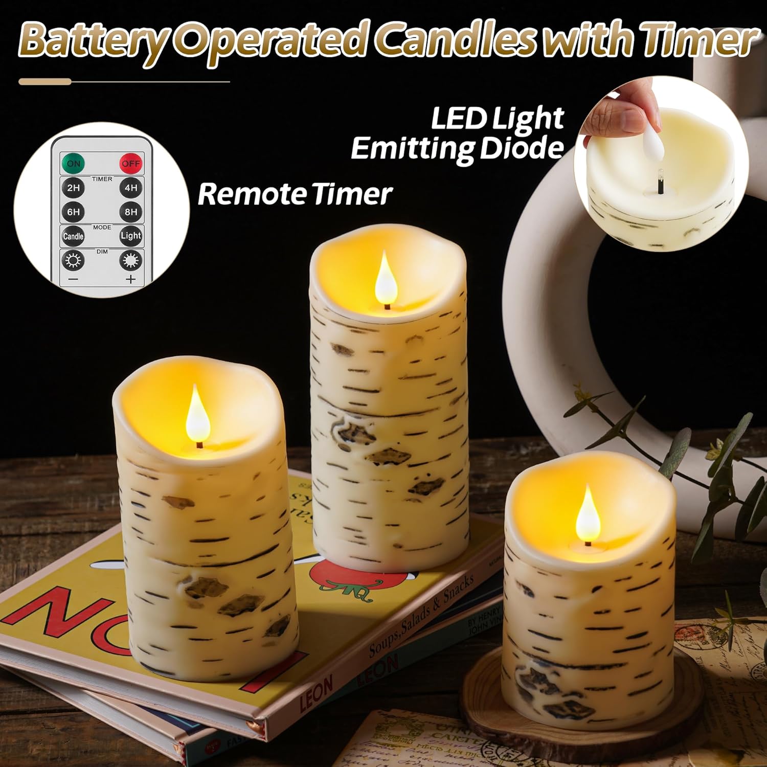 Flameless Birch Bark Candles Flashing Battery Operated Candles Led Pillar Candles With Remote Control And Timer Set Of 3