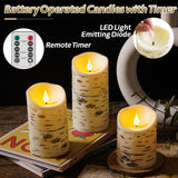 Flameless Birch Bark Candles Flashing Battery Operated Candles Led Pillar Candles With Remote Control And Timer Set Of 3