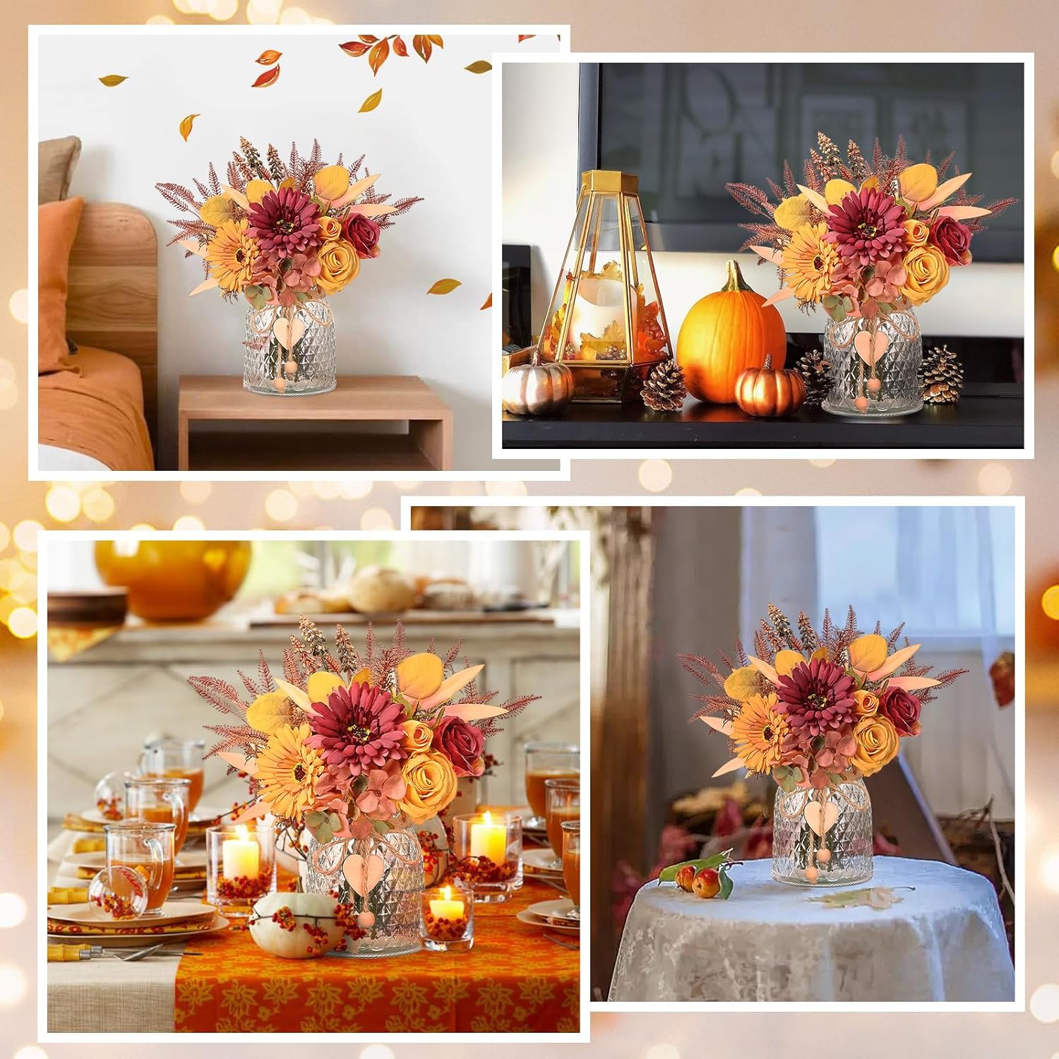 Artificial Dahlia Flowers With Vase, Silk Fall Flowers In Vase - Fall Decor For Home Centerpieces, Thanksgiving Party, Rustic Wedding