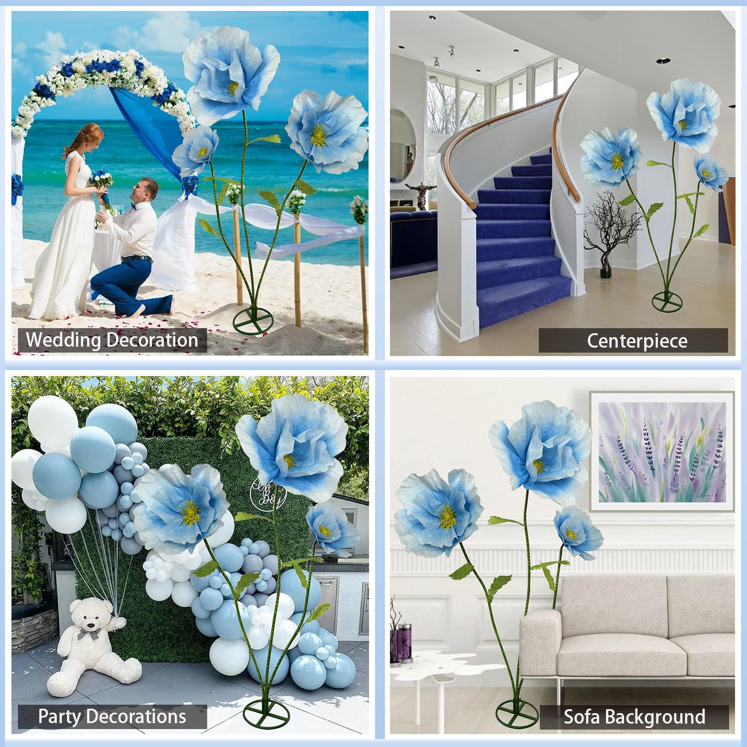 3Pcs Large Giant Artificial Flowers Decoration - Artificial Giant Paper Flowers For Wedding Graduation Bridal Shower Birthday Handcrafted Wall Backdrop Party Supplies (Blue)