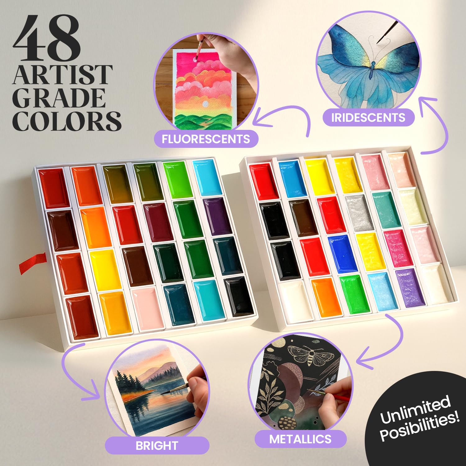 Professional Watercolor Paint Set - 48 Semi Moist Water Colors Paint Adult Set, Xl Pans | With Painting Brushes, Water Color Pad & Art Supplies | Suitable For Adults, Kids, Beginner & Artists