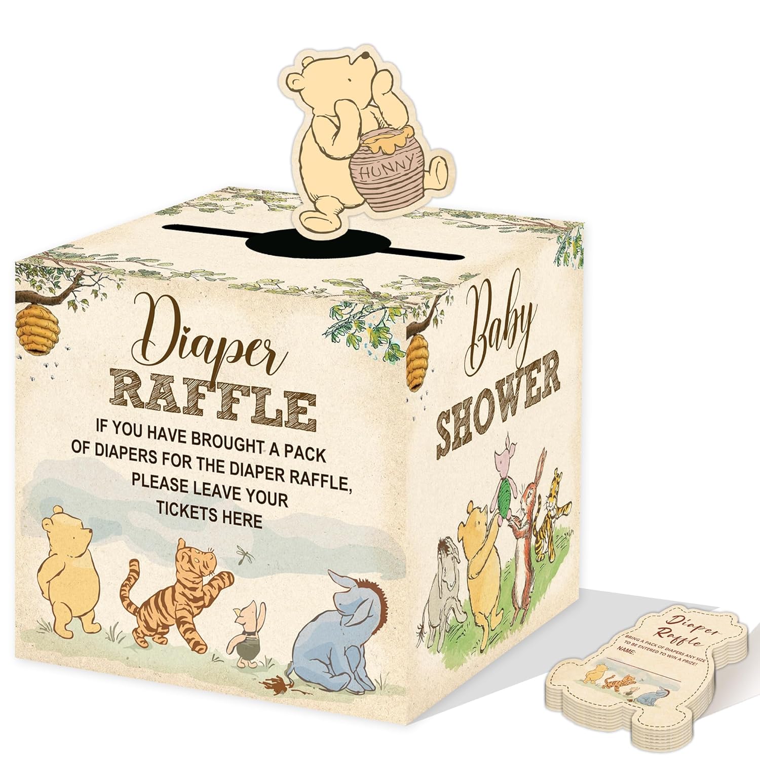 Winnie Baby Shower Decorations, Pooh Party Decorations, The Pooh Baby Shower Games, Winnie Diaper Raffle Box With 50Pcs Cards?Newborn Party Favors Boys And Girls First Birthday Supplies