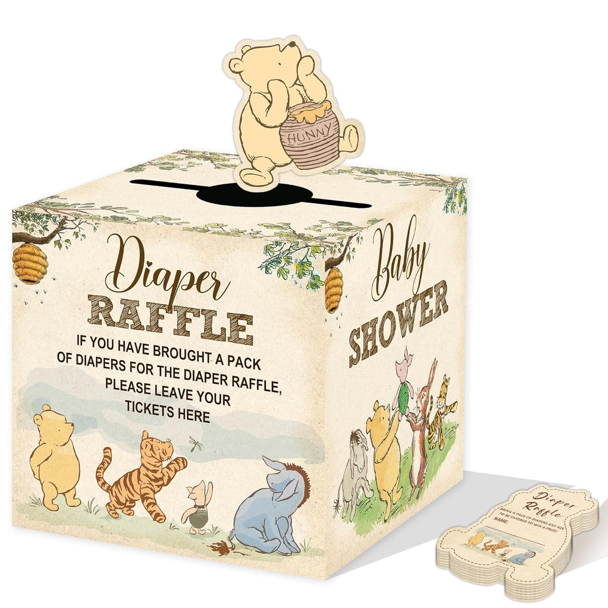 Winnie Baby Shower Decorations, Pooh Party Decorations, The Pooh Baby Shower Games, Winnie Diaper Raffle Box With 50Pcs Cards?Newborn Party Favors Boys And Girls First Birthday Supplies
