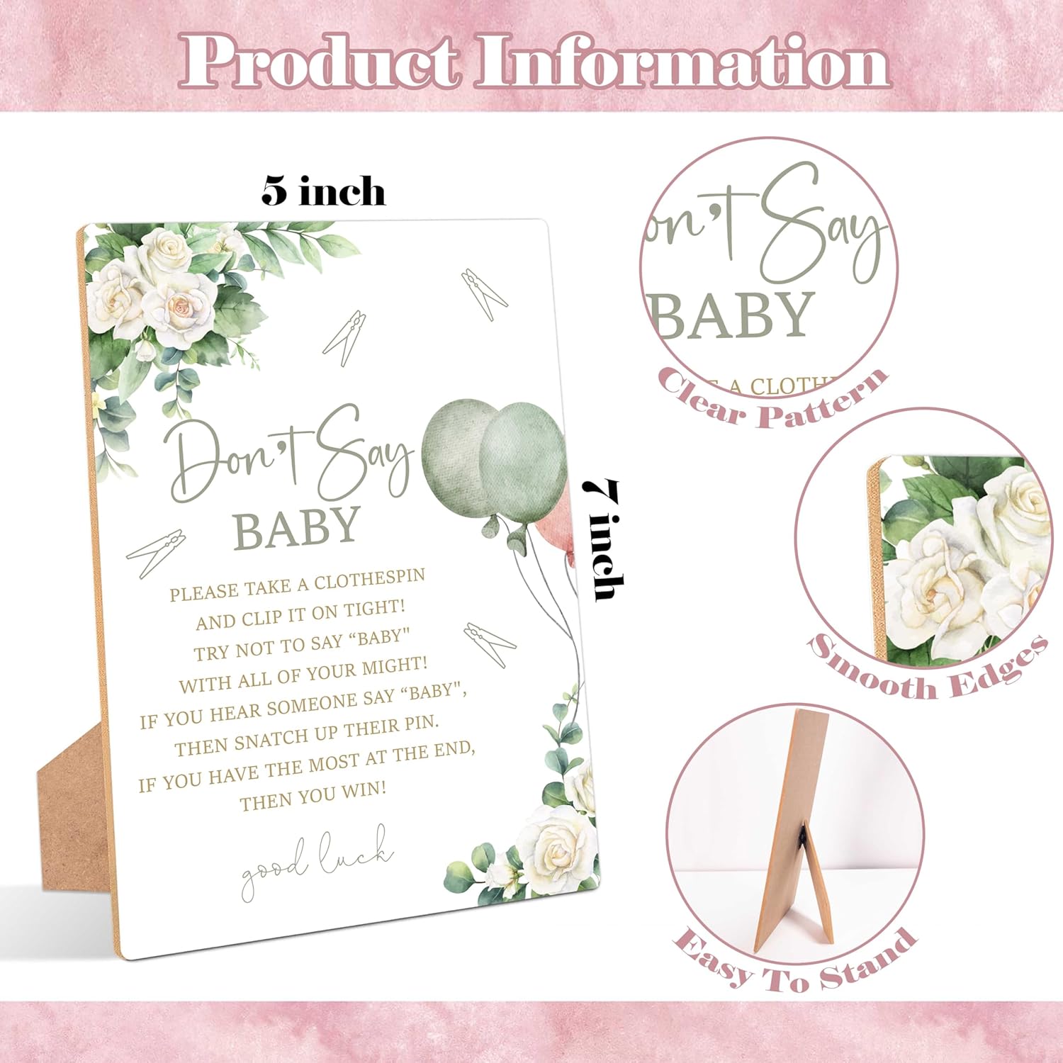 Sage Green Don'T Say Baby Clothespin Game, Pack Of 1 Wooden Tabletop Sign With Stand And 50 Mini Natural Clothespins, Greenery Floral Balloons Baby Shower Game, Gender Reveal Party Decorations - Qx08