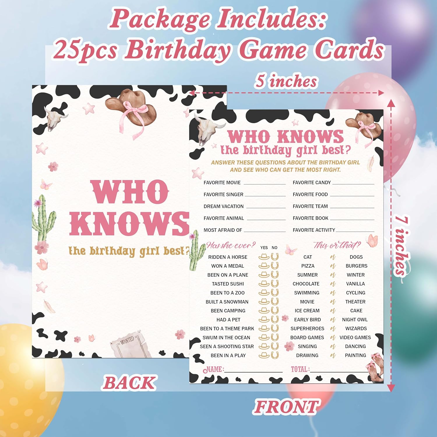 Birthday Games, 25 Pcs Cowgirl Who Knows The Birthday Best Game Cards, Sleepover Slumber Party Decorations Supplies Favors - A02