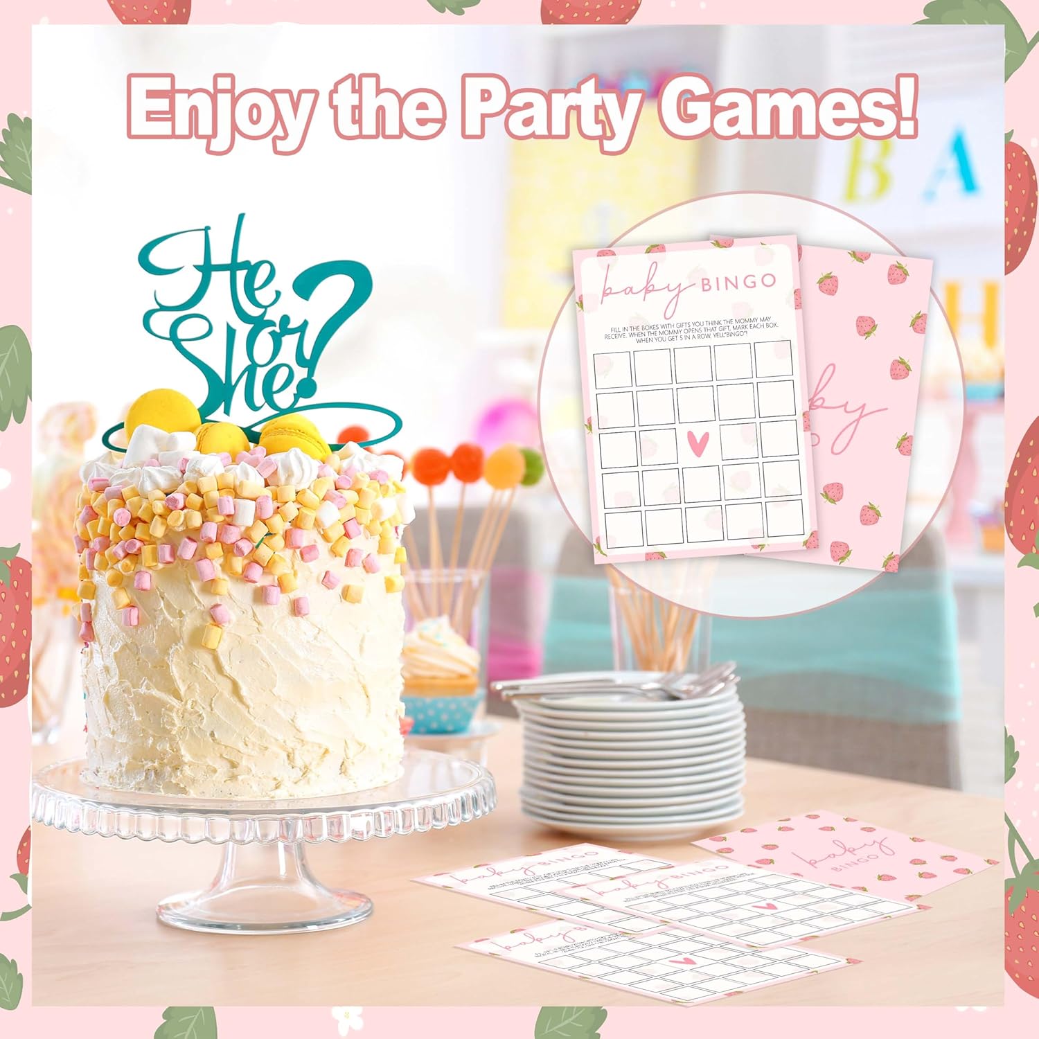 Baby Shower Games For Girl, Strawberry Baby Bingo Card, 25 Hilarious Double-Sided Games For Gender Reveal Party Decorations Supplies Announcement