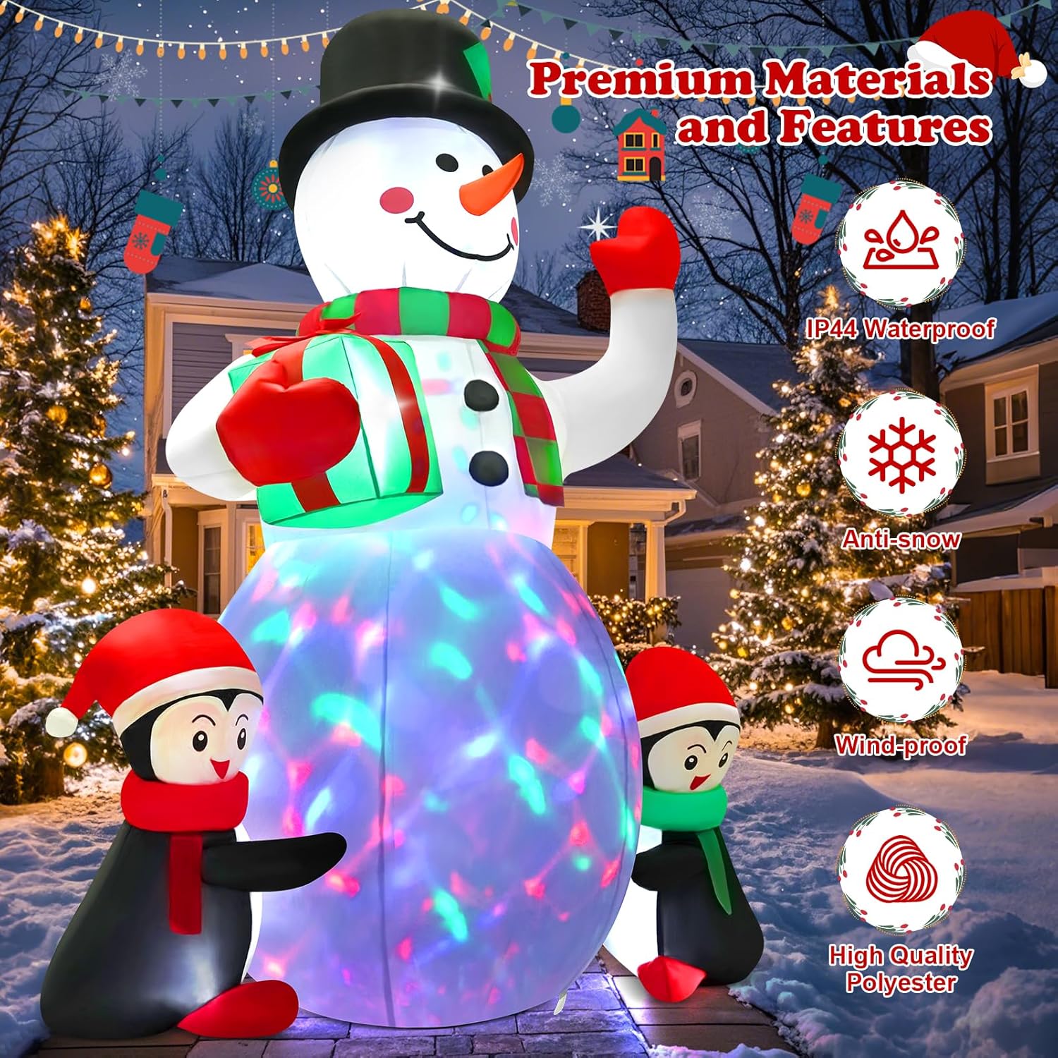 Christmas Inflatables Outdoor Decorations, 6.3 Ft Inflatable Snowman With 2 Penguins And Gift, Blow Up Xmas Decorations