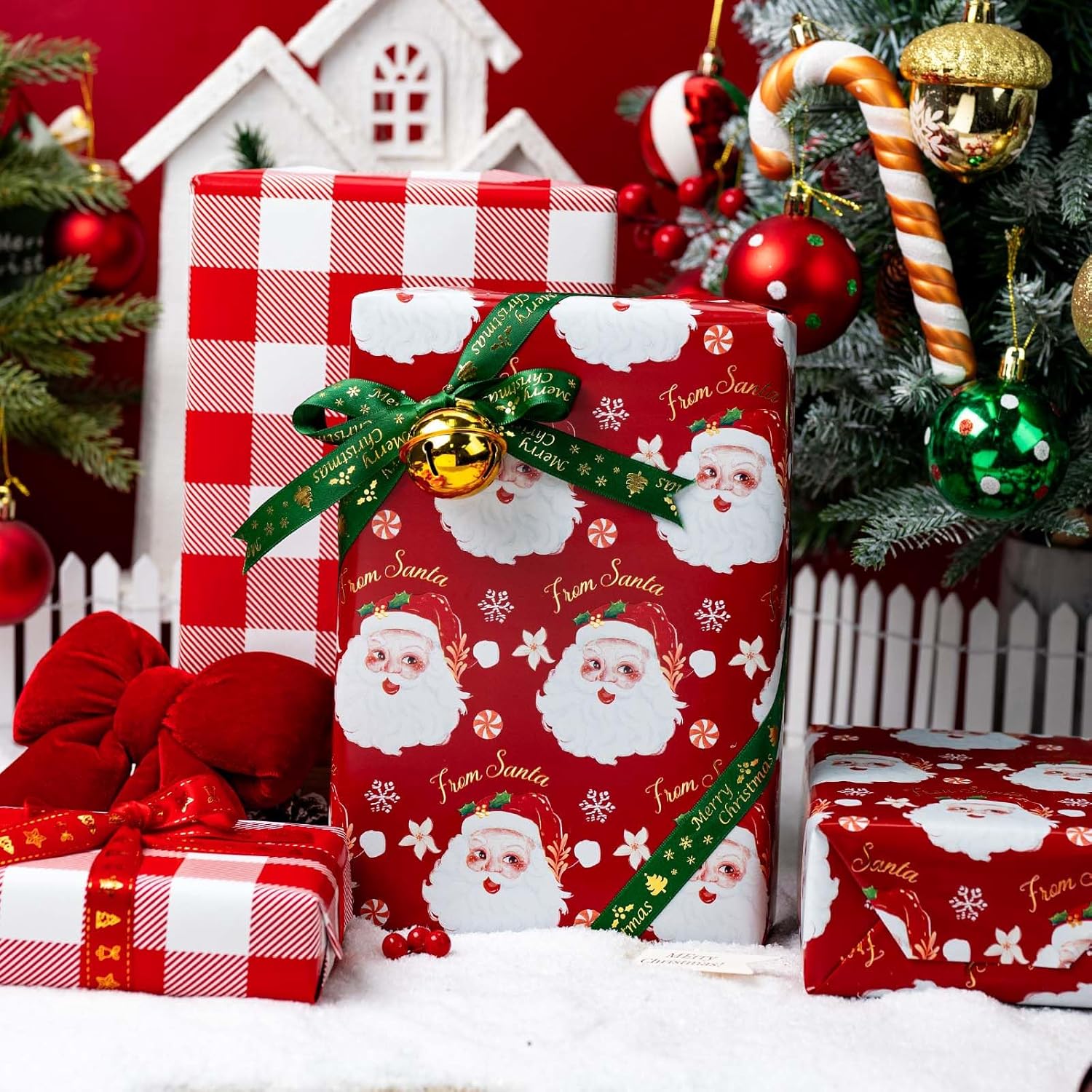 Red Christmas Wrapping Paper, Reversible Red Santa, Grid Design Gift Wrapping Paper Suitable For Christmas, Mini Roll (17 Inch X 32.8 Feet)