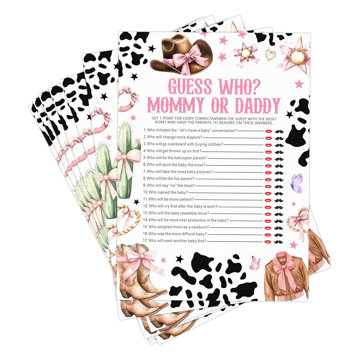 Mommy Or Daddy Western Cowgirl Baby Shower Game Set - 30 Pcs Double-Sided Print Cards - Gender Neutral Party Activities Favor & Supplies - Baby Shower Game For Girl - B06