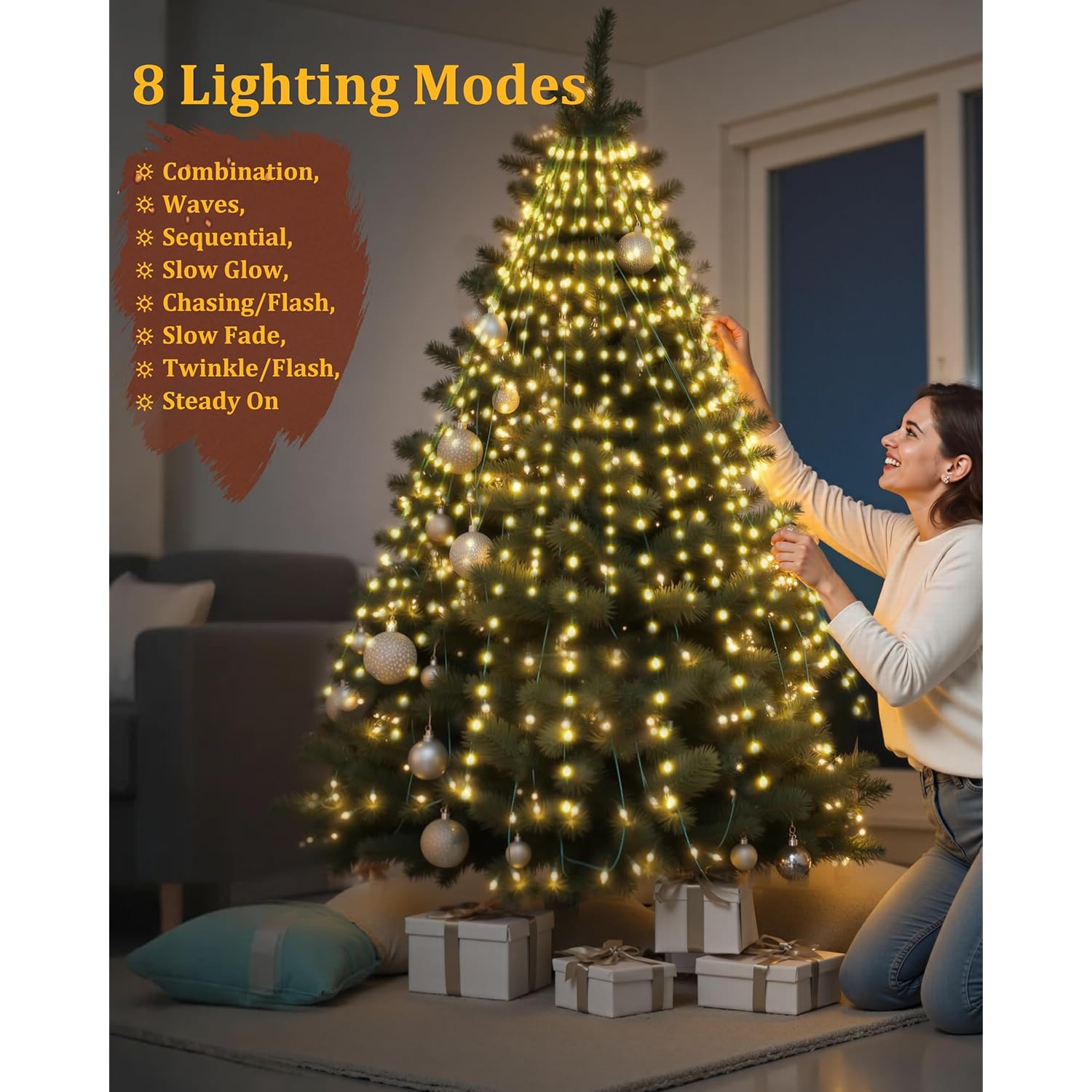 Christmas Tree Lights, 400 Led Christmas Lights With 8 Light Modes & Memory Function, 6.6Ft X 16 Lines Outdoor Christmas