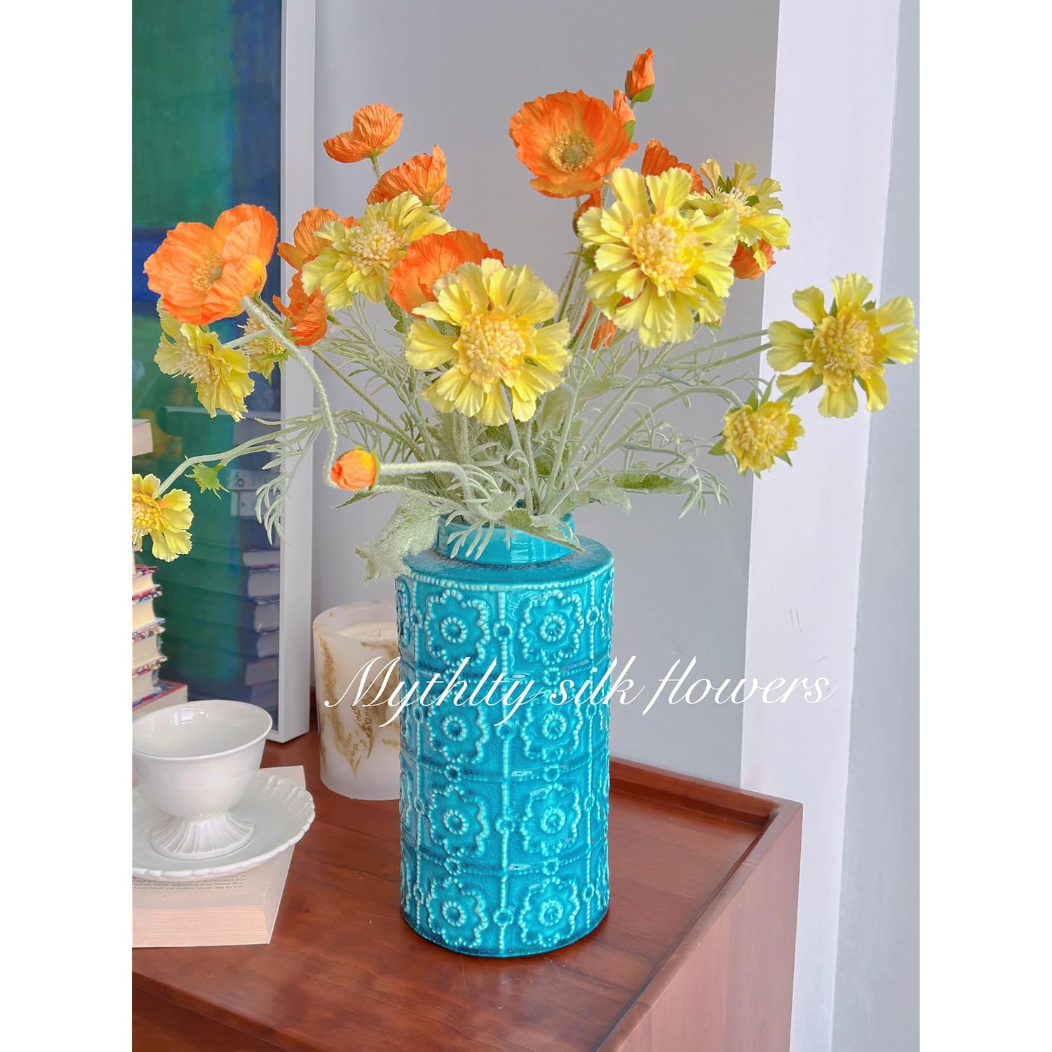 7 Pcs Poppy And Chrysanthemum Artificial Flowers, Orange And Yellow Fake Silk Flowers For Home Table Centerpieces Kitchen Dining Table Farmhouse Office Desk Decoration (Orange Yellow)
