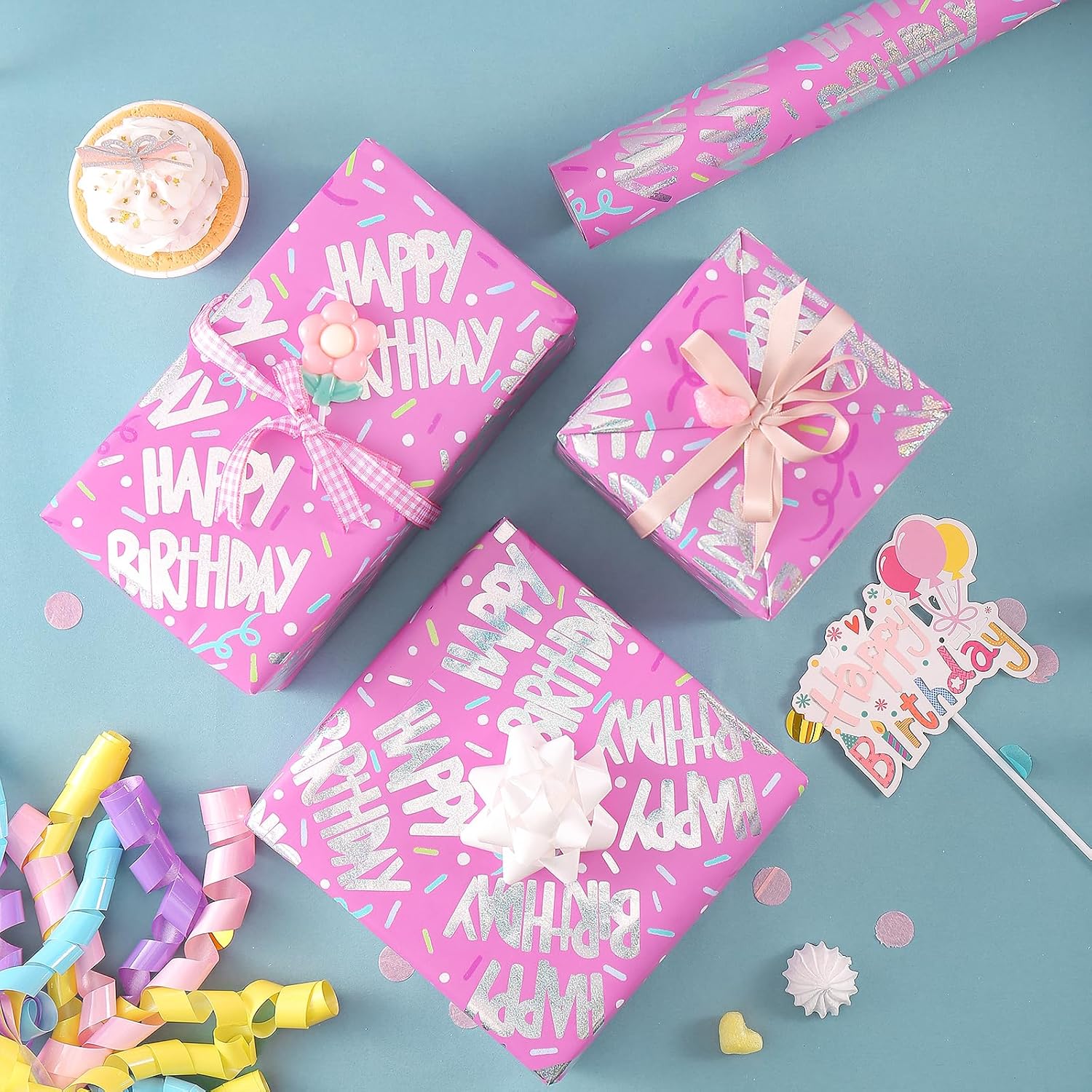 Birthday Wrapping Paper Roll For Girls, Mini Roll, Pink Gift Wrap With Metallic Silver Happy Birthday Text And Confetti Sprinkle Design, Perfect For Princess Party, 17 Inches X 16.4 Feet