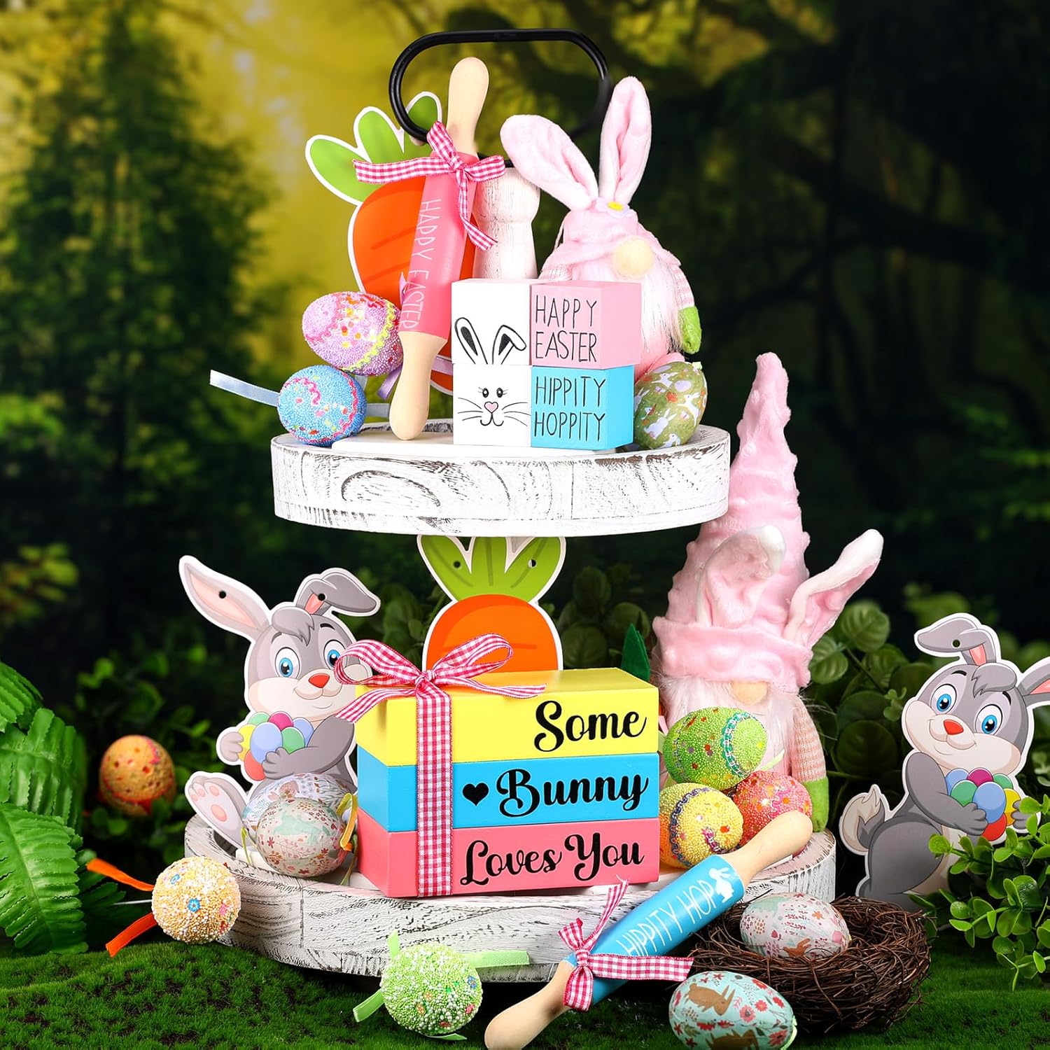 Easter Tiered Tray Decorations 3 Faux Books With Ribbon Rolling Pin 1 Pink 1 Green 4 Tabletop Sign Blocks Farmhouse Handmade Decor For Home Tray Table Bookshelf Mantel Wedding Anniversary